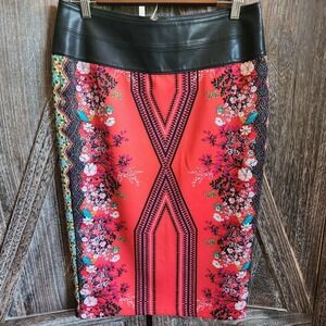 Bisou Bisou Michelle‎ Bohbot Skirt Women's Size 10 Red Floral Pencil Zipper Slit